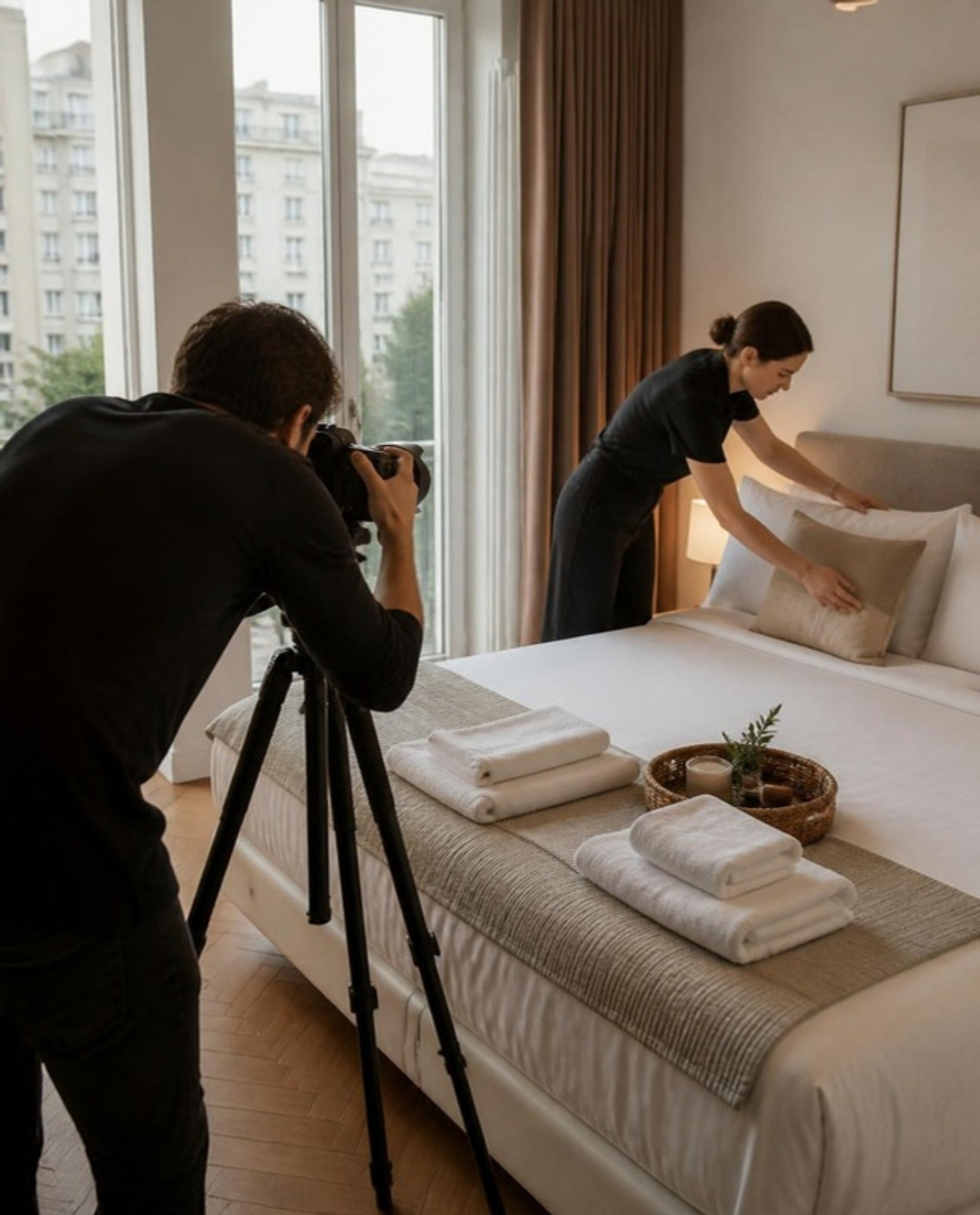 Ședința foto, patul pregătit cu lenjerie de hotel